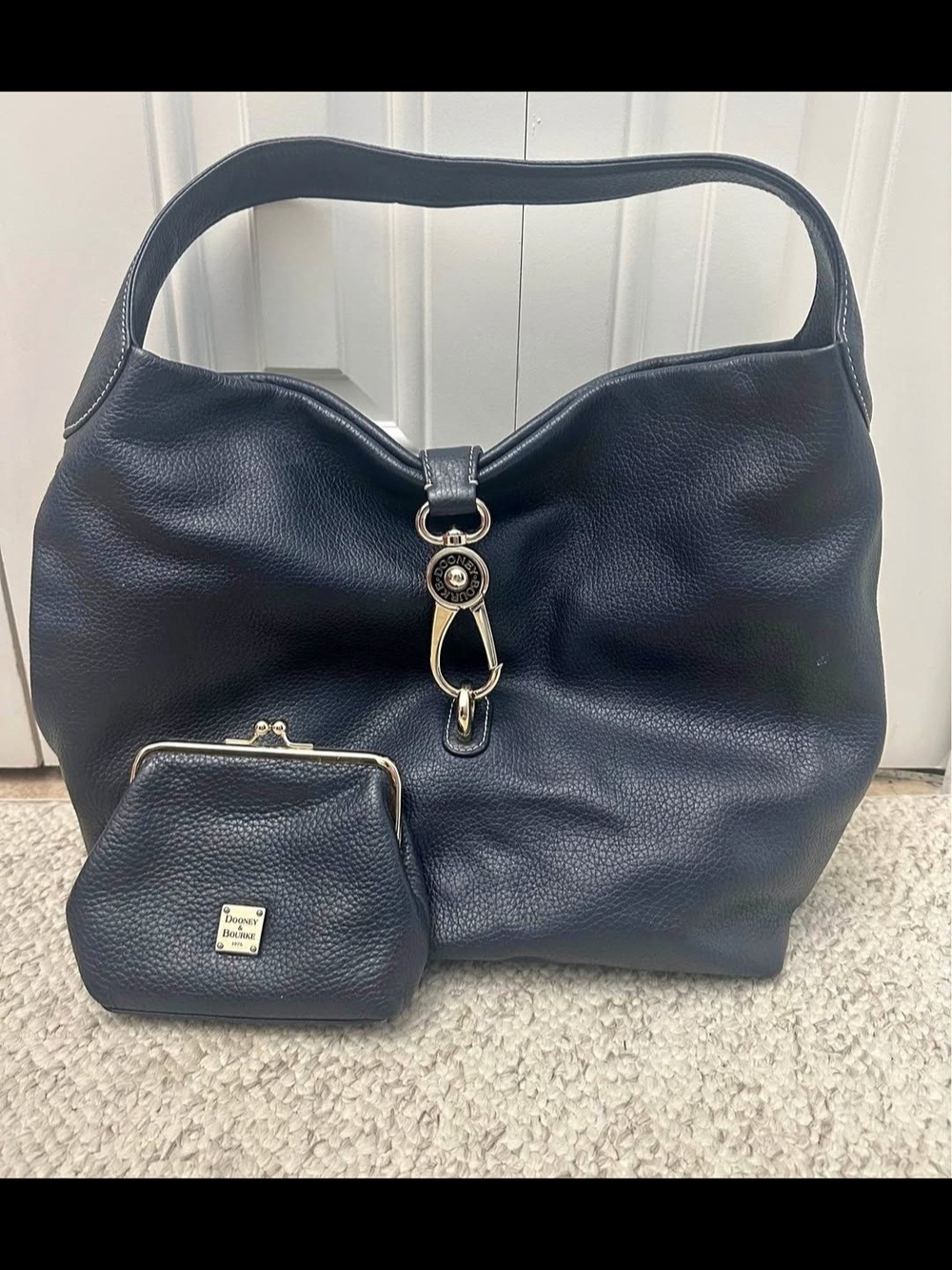 Dooney & Bourke Navy Pebble Leather Shoulder Hobo with Coin Purse.